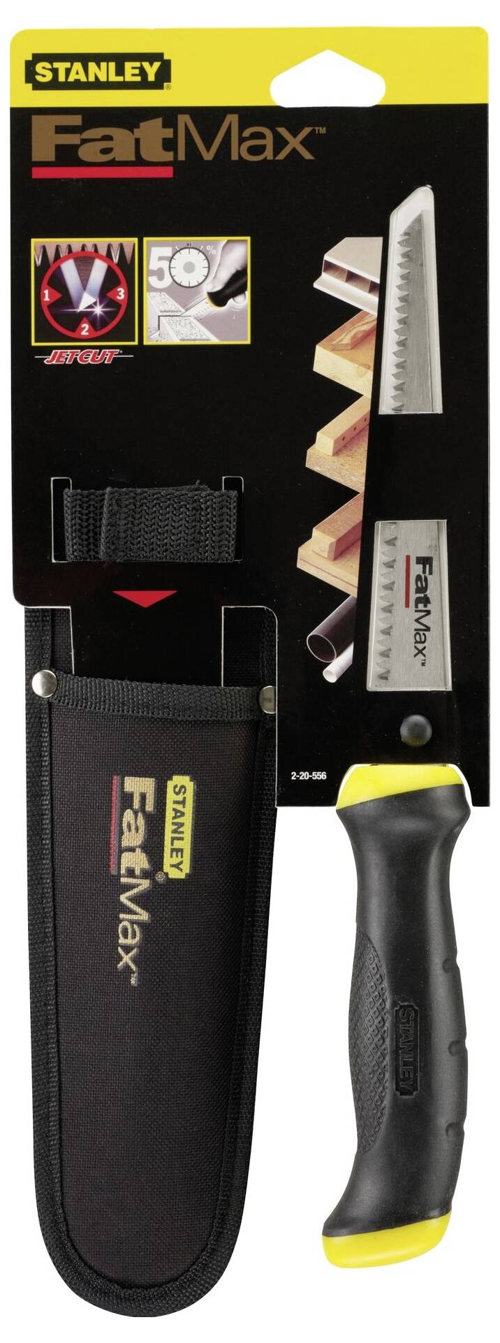 Scie Stanley FatMax, présentée dans son emballage, avec étui et poignée ergonomique. Adaptée pour couper le bois avec précision.