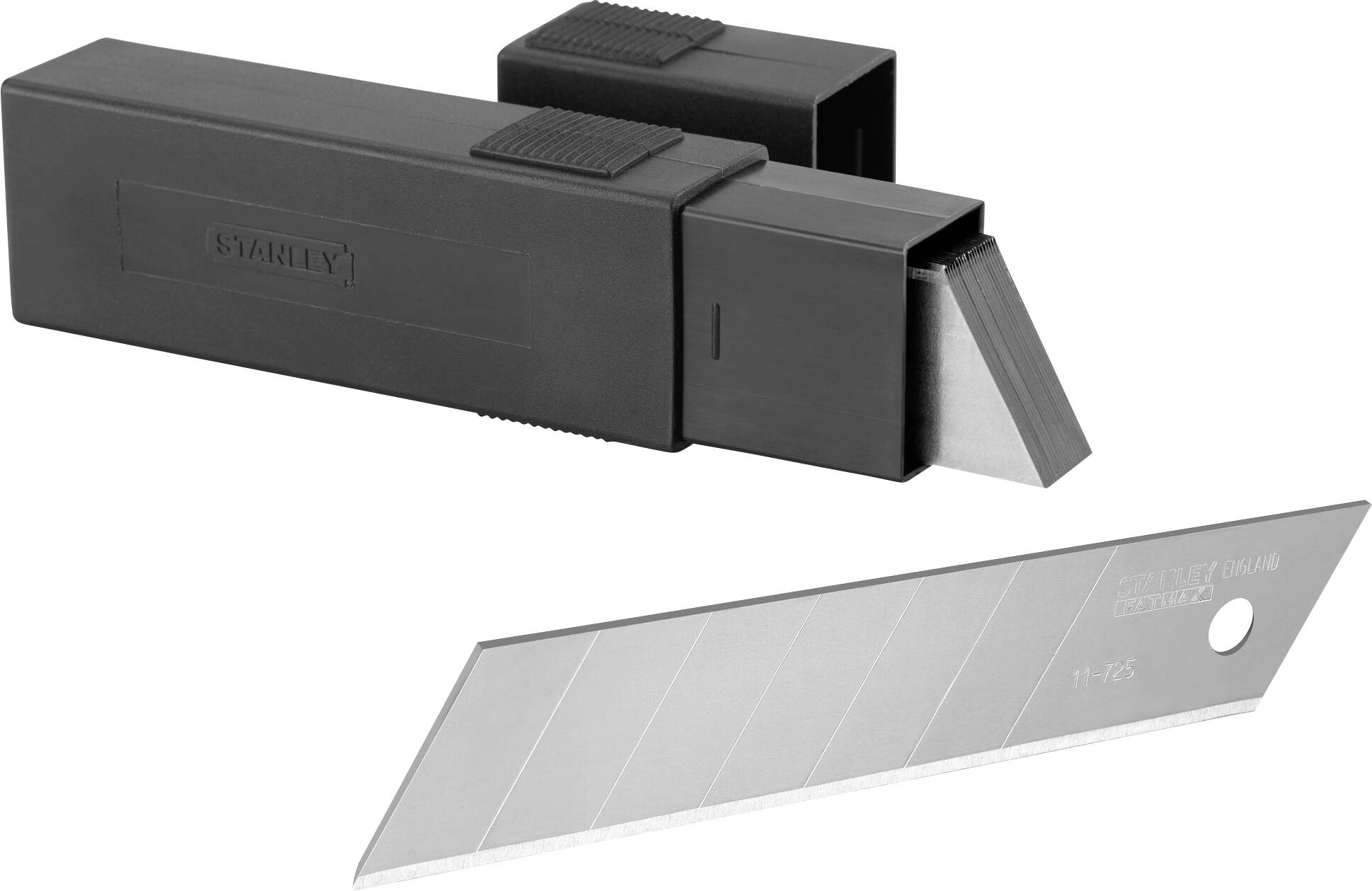 Un boîtier en plastique noir contenant un couteau utilitaire et une lame de rechange posée devant.