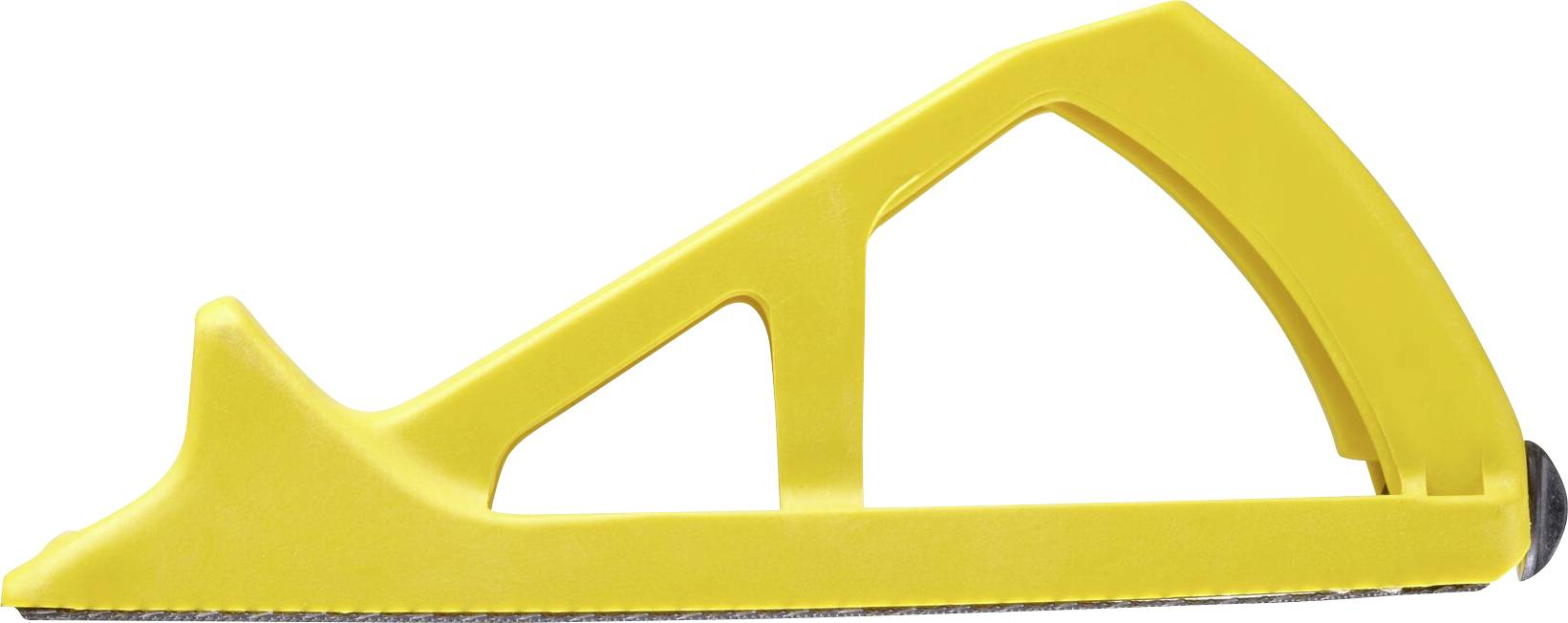 Un grattoir jaune à design ergonomique avec une lame en métal pour lisser les surfaces. Idéal pour le travail du bois ou des matières plastiques.