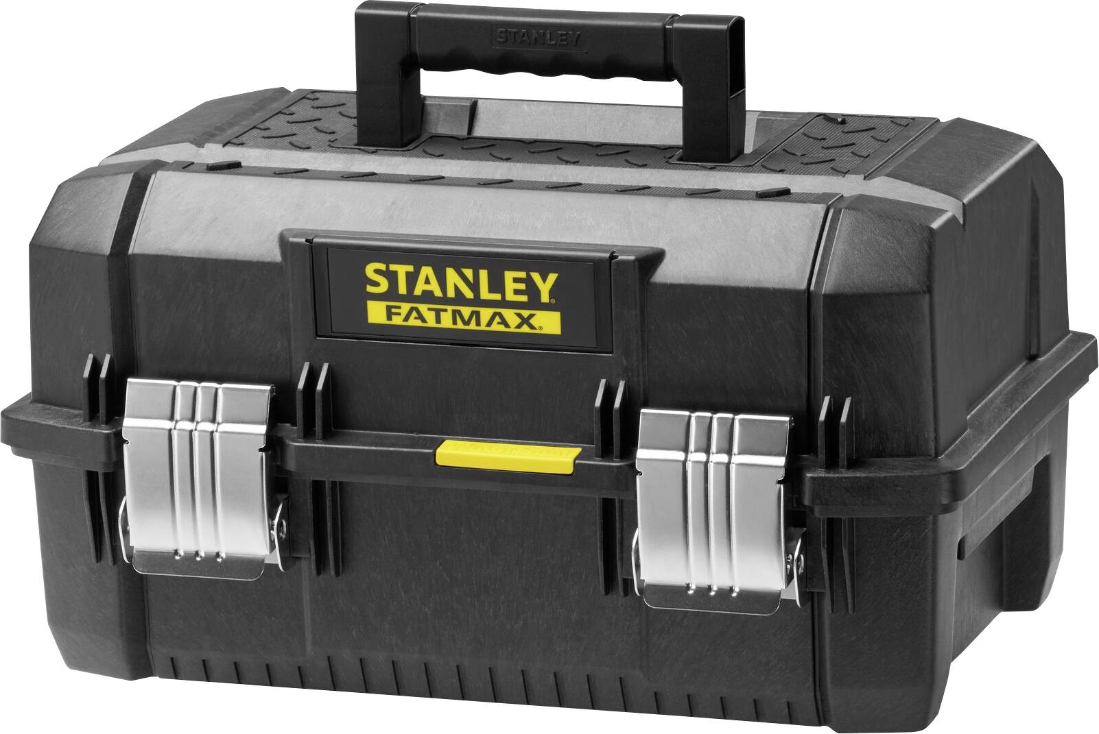 Boîte à outils noire avec logo jaune 'STANLEY FATMAX', poignée de transport en haut, deux fermoirs argentés à l'avant.