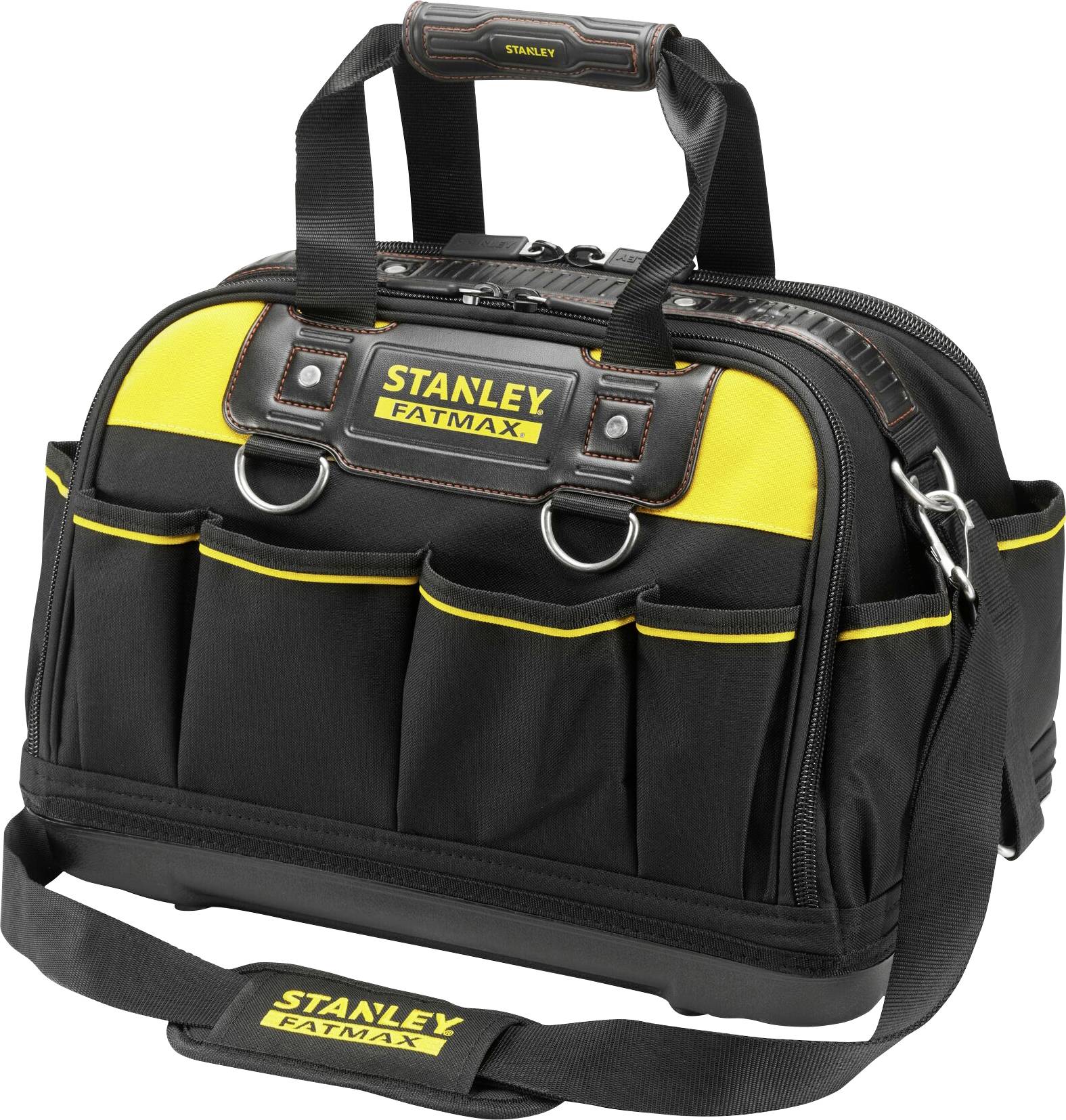 Un sac à outils noir avec des accents jaunes et le logo 'Stanley Fatmax'. Plusieurs poches extérieures et une bandoulière réglable sont visibles.