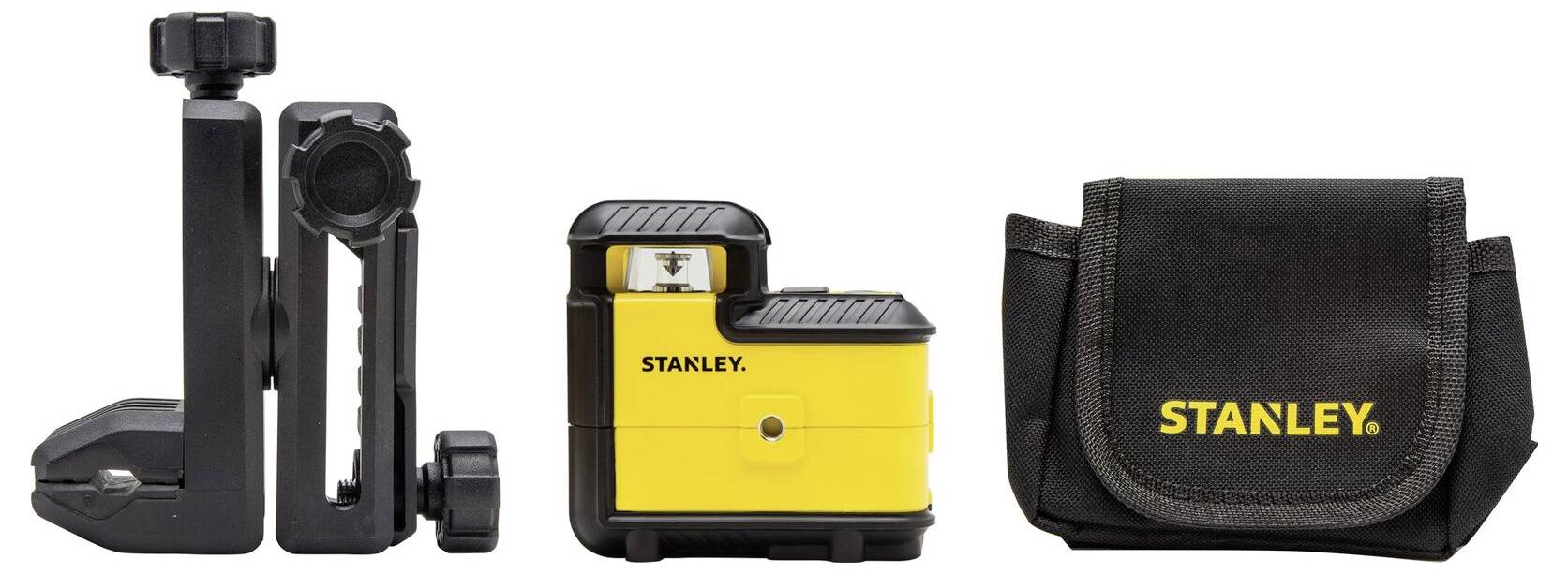 Ensemble de niveau laser avec support, appareil jaune et sacoche noire Stanley ; adapté pour des mesures de précision dans le domaine de la construction.