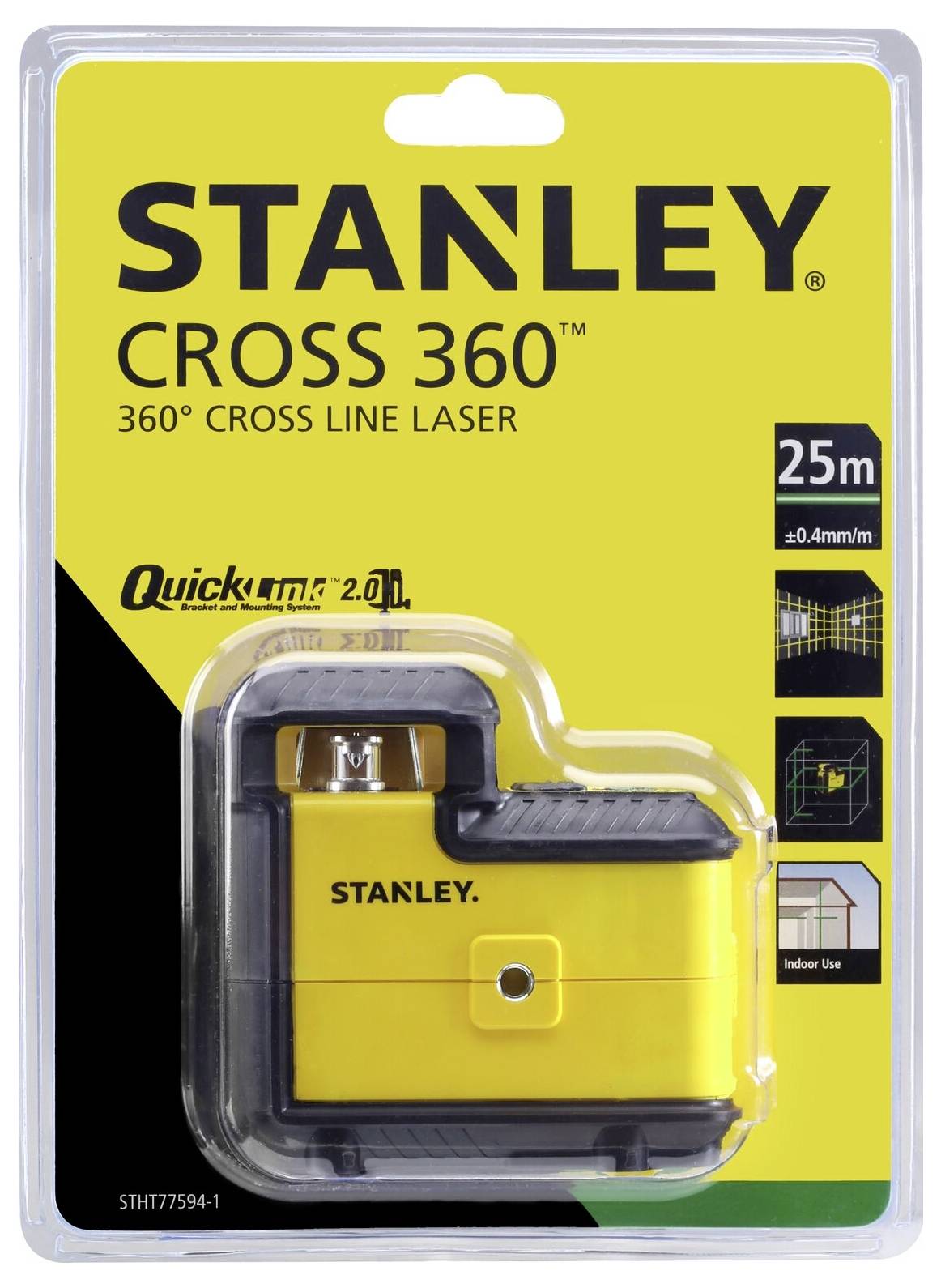 Emballage d'un laser à lignes croisées Stanley CROSS 360°, boîtier jaune et noir, portée de 25m, adapté aux espaces intérieurs.