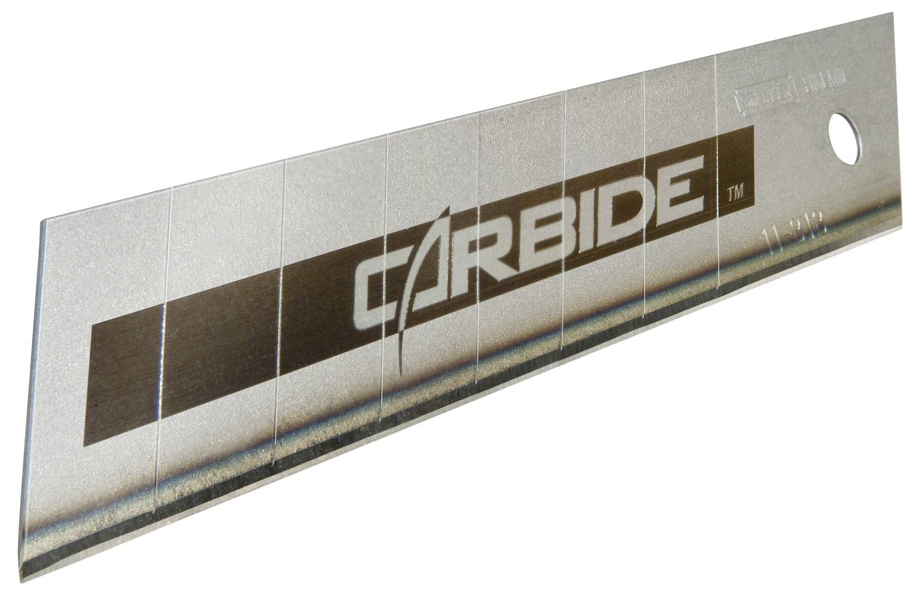 Lame métallique portant l'inscription 'CARBIDE', présentant des encoches pour segments de rupture.