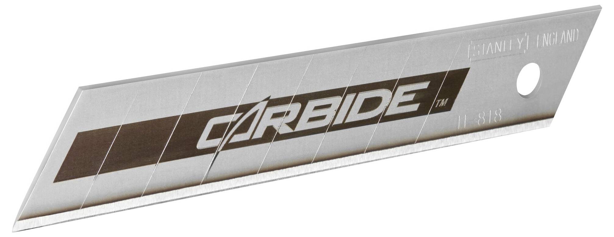 Lame argentée avec inscription marron 'CARBIDE' et pointe biseautée, adaptée pour une coupe précise.