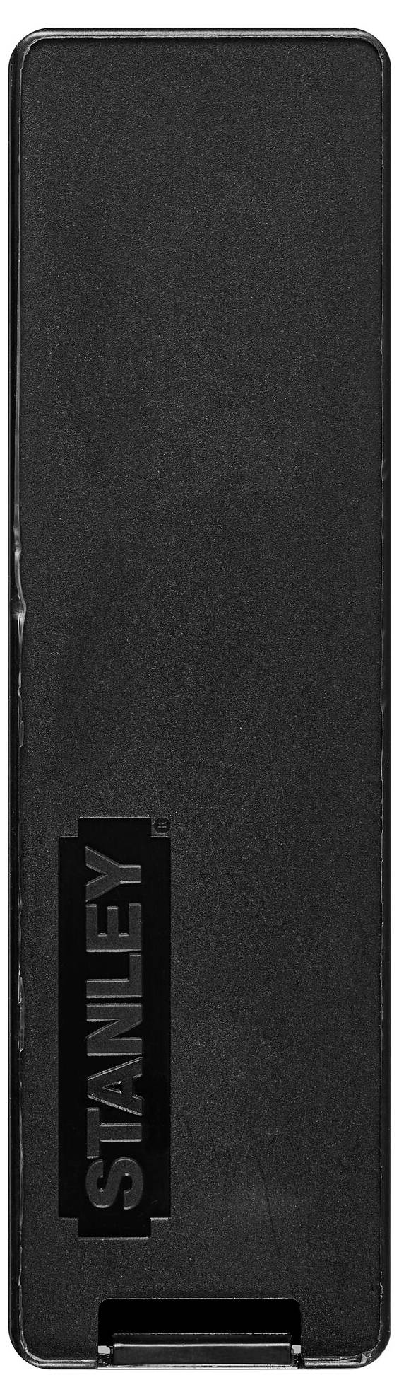 Objet rectangulaire noir en plastique portant le logo 'STANLEY' au centre. Principalement utilisé pour le rangement.