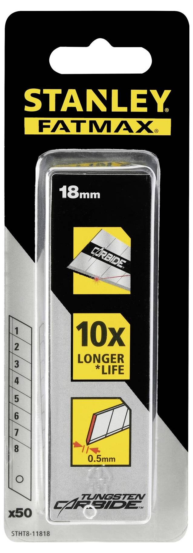 Emballage Stanley FatMax pour lames, 18 mm, présentant une lame avec une 'durée de vie 10 fois plus longue' et des illustrations des caractéristiques de la lame.