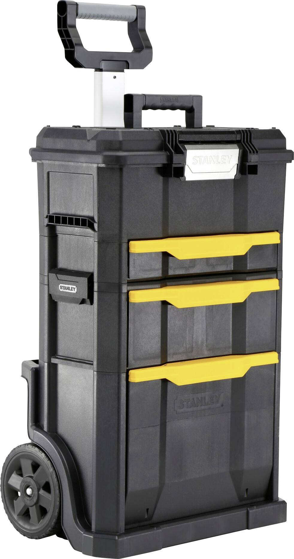 Un coffret à outils noir à roulettes avec des accents jaunes et plusieurs compartiments. Poignée réglable pour un transport facile.
