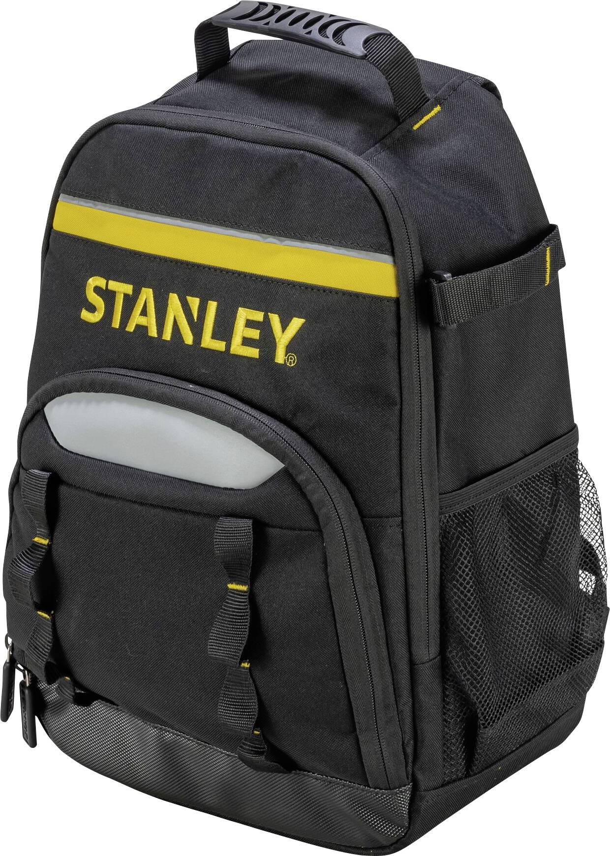Sac à dos à outils noir avec une bande jaune et le logo 'STANLEY', doté de plusieurs compartiments et de poches filet sur les côtés.