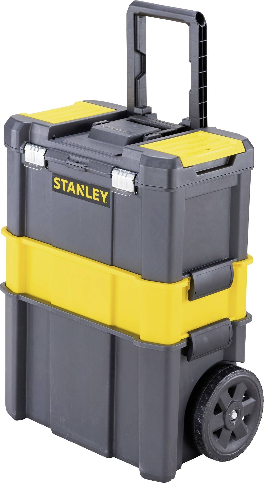 Boîte à outils mobile noire avec des touches jaunes, grand espace de rangement et poignée télescopique, montée sur roulettes pour un transport facile.