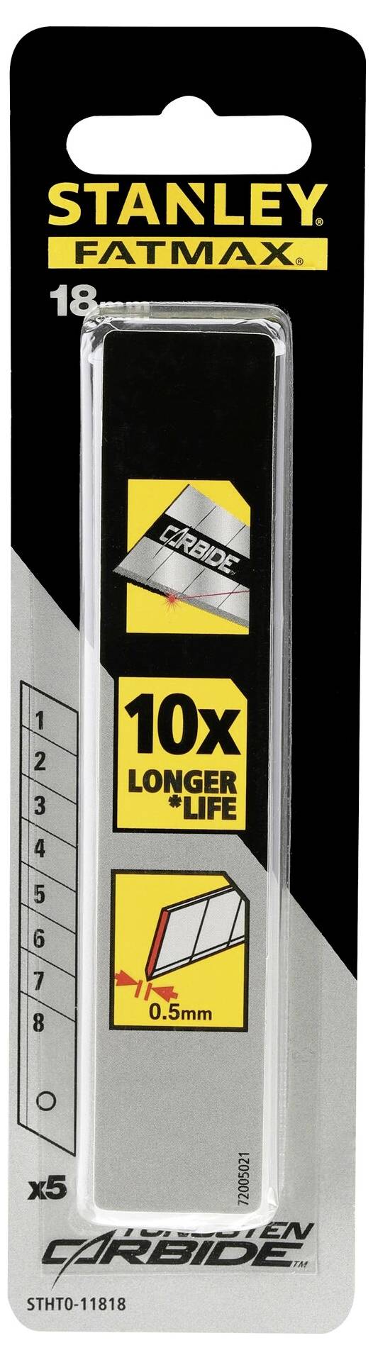 Emballage pour lames de couteau Stanley Fatmax, 18 mm, contenant six lames. L'étiquette indique '10 fois plus longue durée de vie' et l'épaisseur de lame de 0,5 mm.