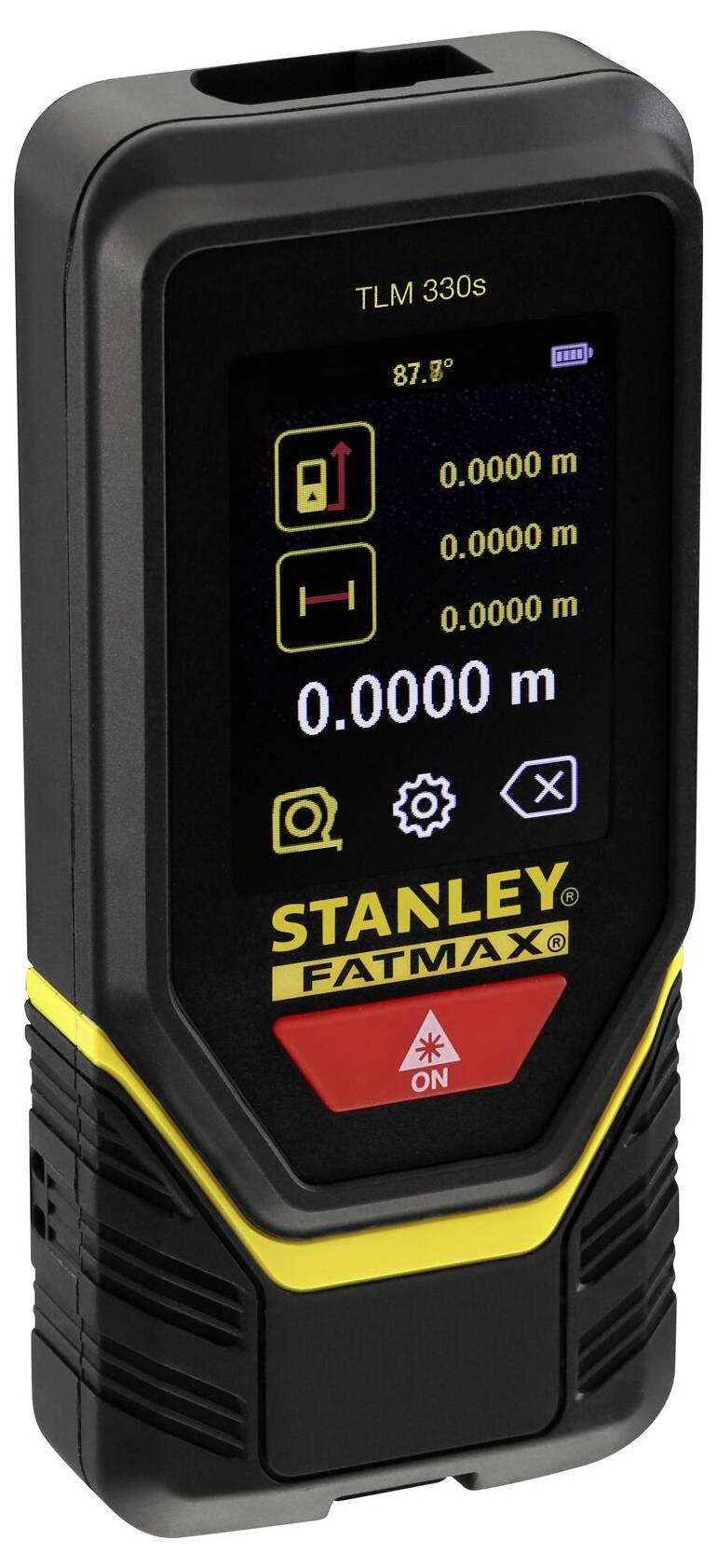 Télémètre électronique avec affichage numérique. Affiche les valeurs de mesure et les symboles de commande. Marque : Stanley Fatmax.