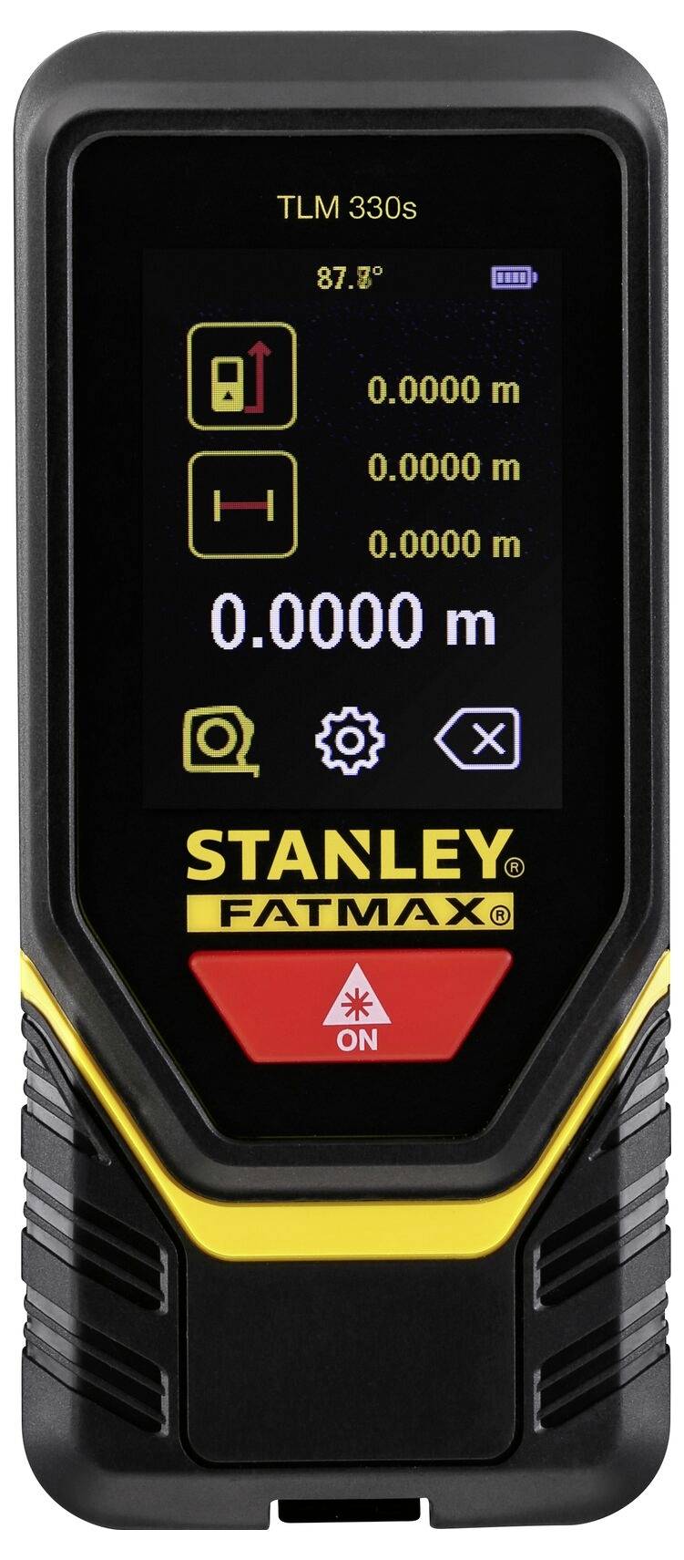 Télémètre laser numérique avec affichage des mesures de distance en mètres. Affiche des symboles pour le calcul de surface et de volume.