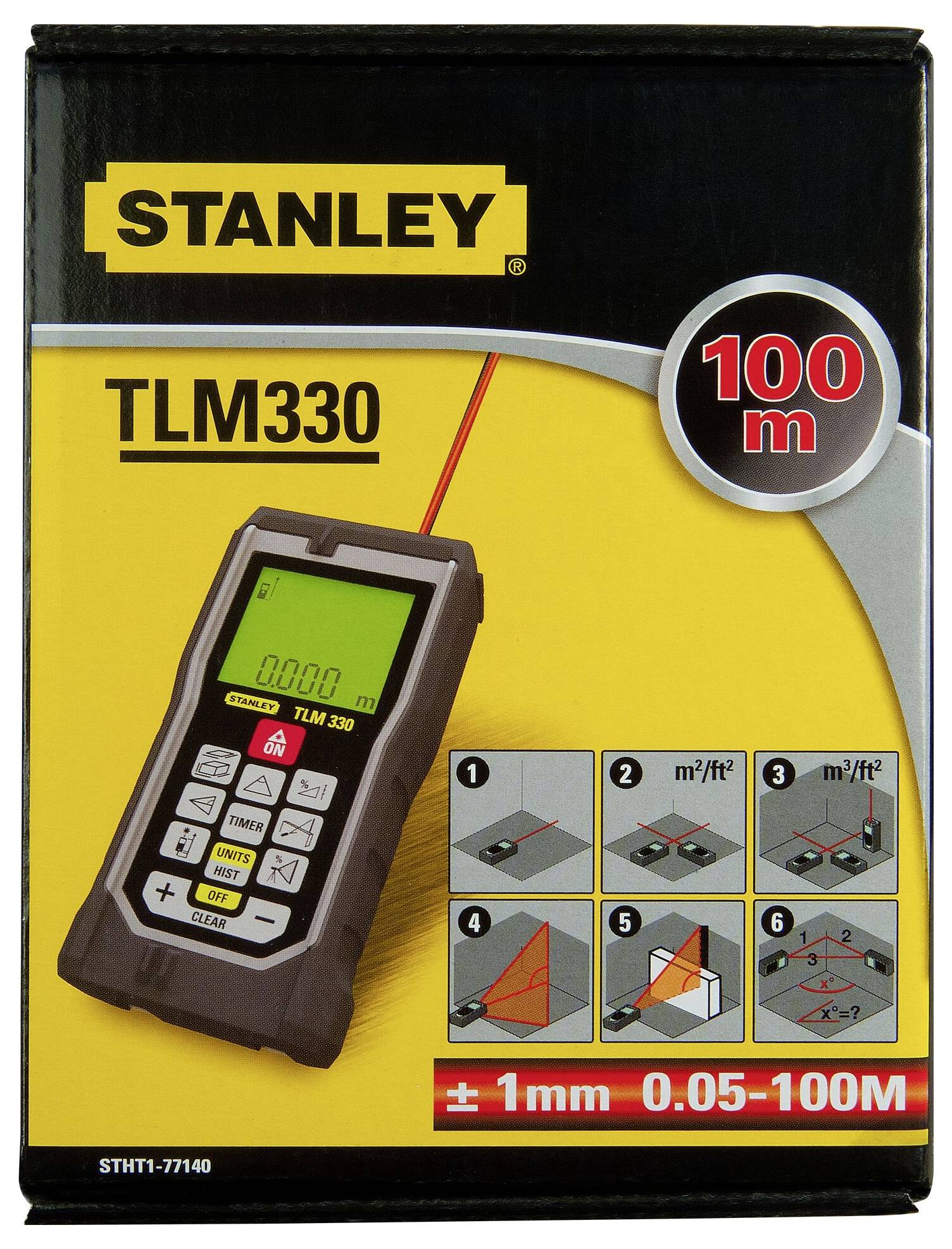 Mesureur de distance laser Stanley TLM330 sur l'emballage. Affiche les touches, l'écran, la plage de mesure de 0,05-100 m et la précision de ±1 mm.