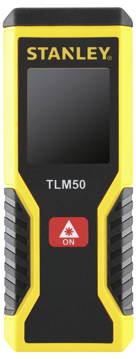 Télémètre laser numérique avec boîtier jaune, détails noir et gris, écran rétroéclairé et touche portant le symbole 'ON'.