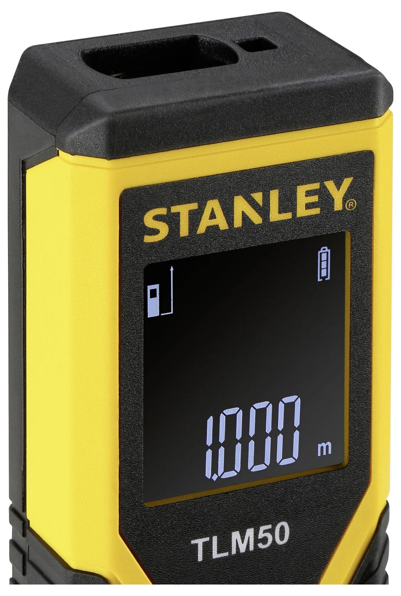 Télémètre laser numérique 'STANLEY TLM50' affiche une mesure de 1,000 mètres sur son écran.