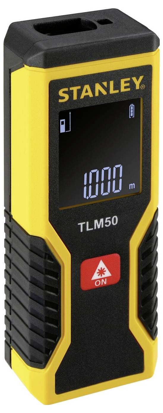 Un télémètre laser numérique jaune et noir de la marque Stanley, modèle TLM50, affichant '1000 m' sur son écran.