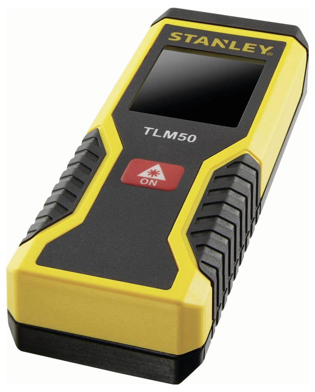 Un télémètre laser jaune et noir de la marque 'Stanley', modèle TLM50, avec un bouton marche rouge et un affichage.