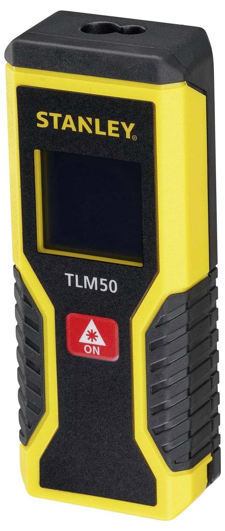 Un télémètre jaune portant l'inscription 'STANLEY' en haut et 'TLM50' en dessous. Un bouton rouge avec un symbole laser est visible.