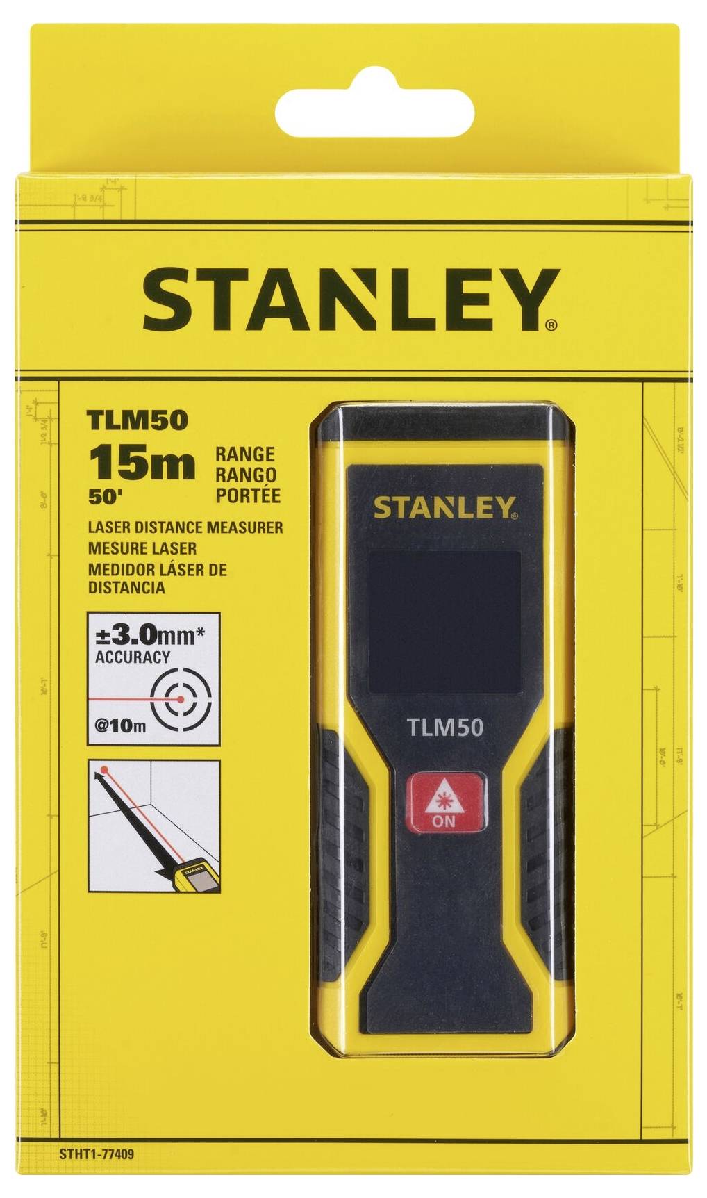 Stanley TLM50 Télémètre laser avec portée de 15m, précision ±3,0mm, capteur de distance de 10m, dans un emballage jaune.