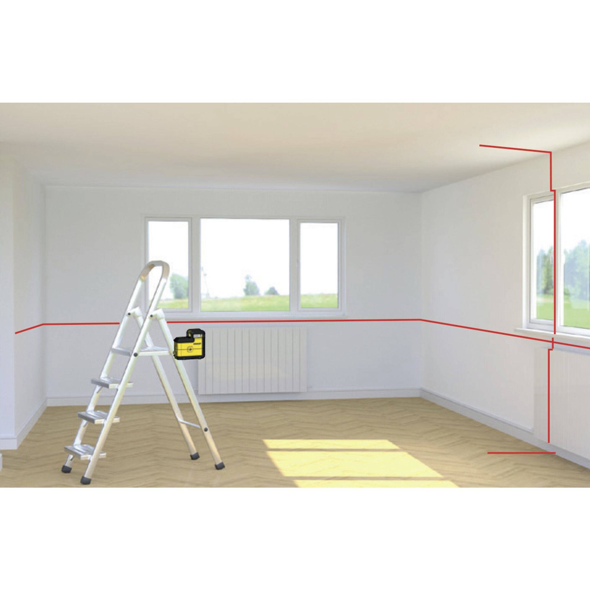 Espace vide avec un sol en bois, deux fenêtres et une échelle. Un télémètre laser projette des lignes rouges à des fins de mesure.