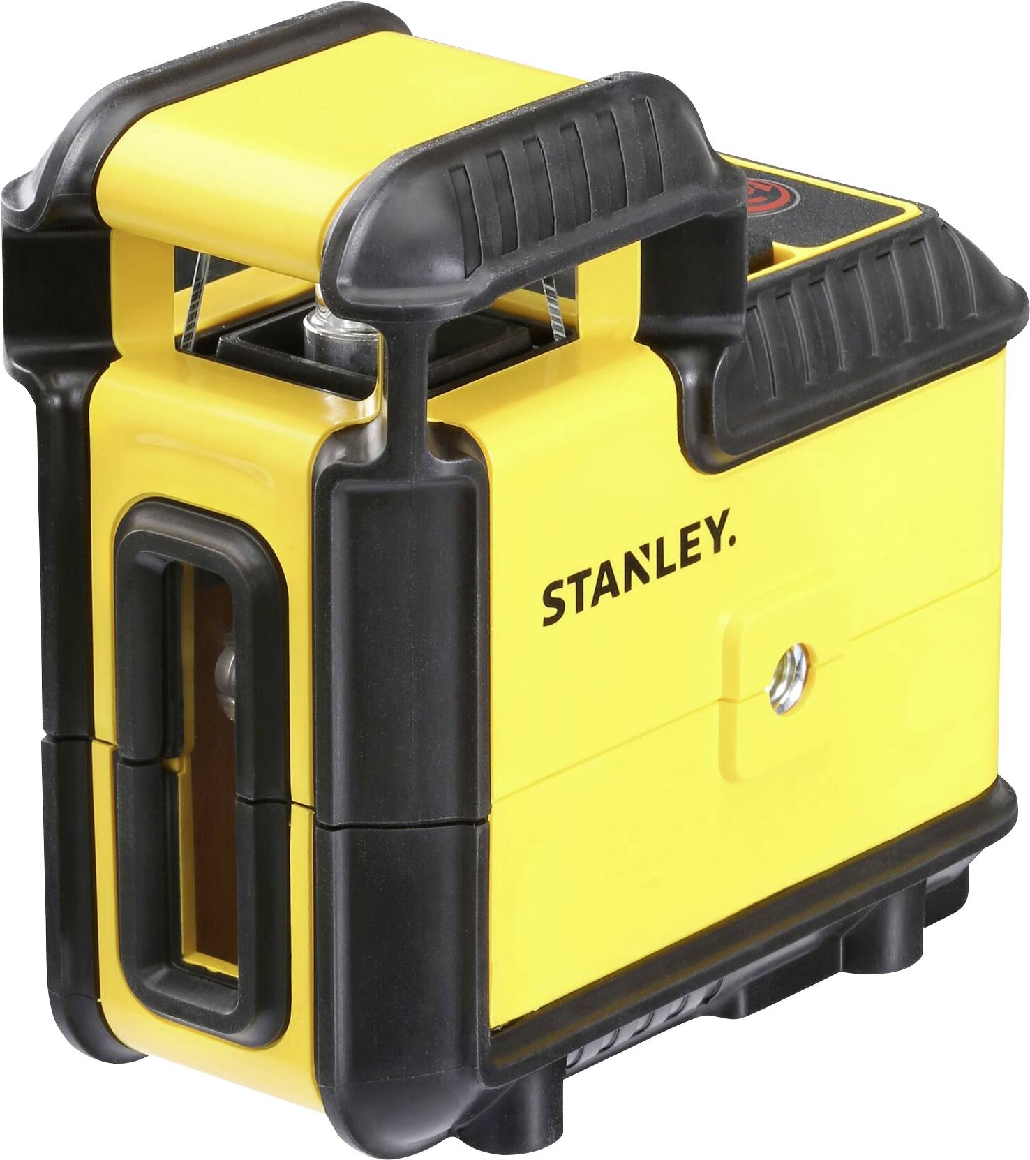 Un appareil de nivellement laser Stanley jaune avec des poignées et des bords noirs. Il est utilisé pour un alignement précis.