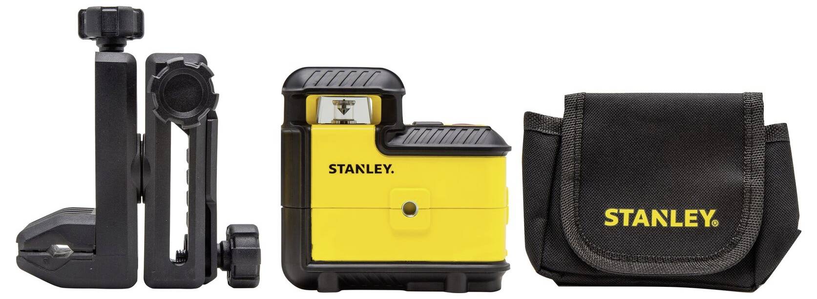 Ensemble d'outils laser comprenant un niveau laser jaune avec boîtier noir, un support et un sac noir portant le logo jaune 'Stanley'.