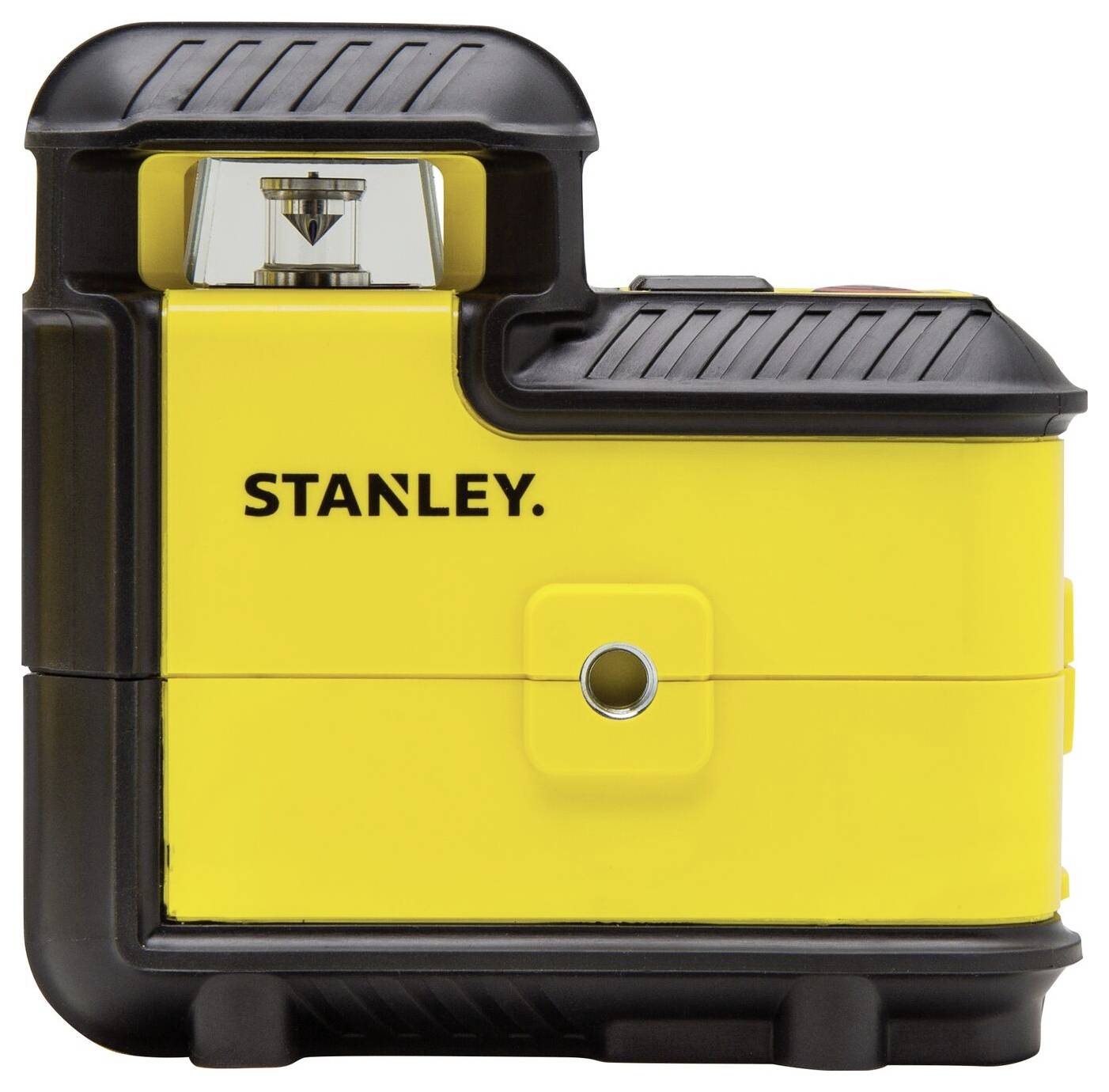 Un niveau laser Stanley jaune, adapté pour un alignement et un nivellement précis. Design compact avec un boîtier noir.