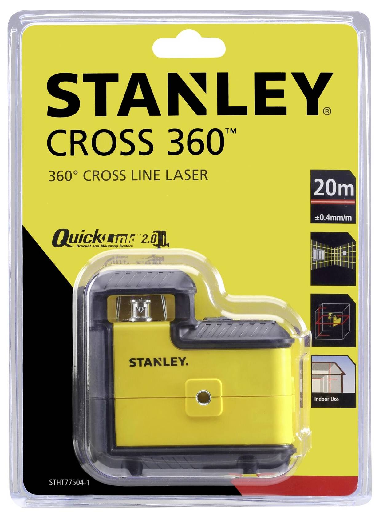 Appareil 'Stanley Cross 360' dans son emballage, présentant un dispositif laser d'intérieur avec une portée de 20 mètres. L'emballage est jaune et noir.