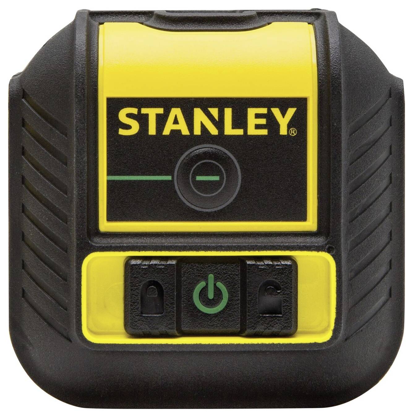 Un appareil jaune et noir de la marque Stanley avec un interrupteur marche/arrêt, probablement un outil ou un instrument de mesure.