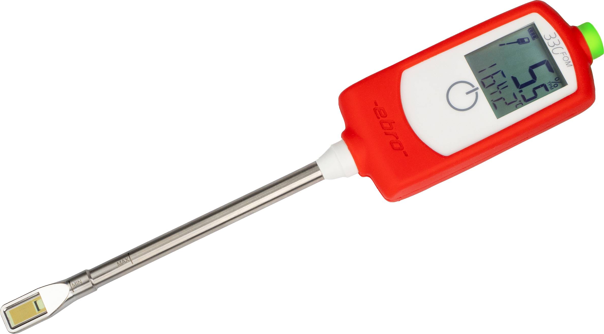 Thermomètre numérique rouge pour aliments avec sonde en acier inoxydable, affiché sur une surface géométrique blanche.
