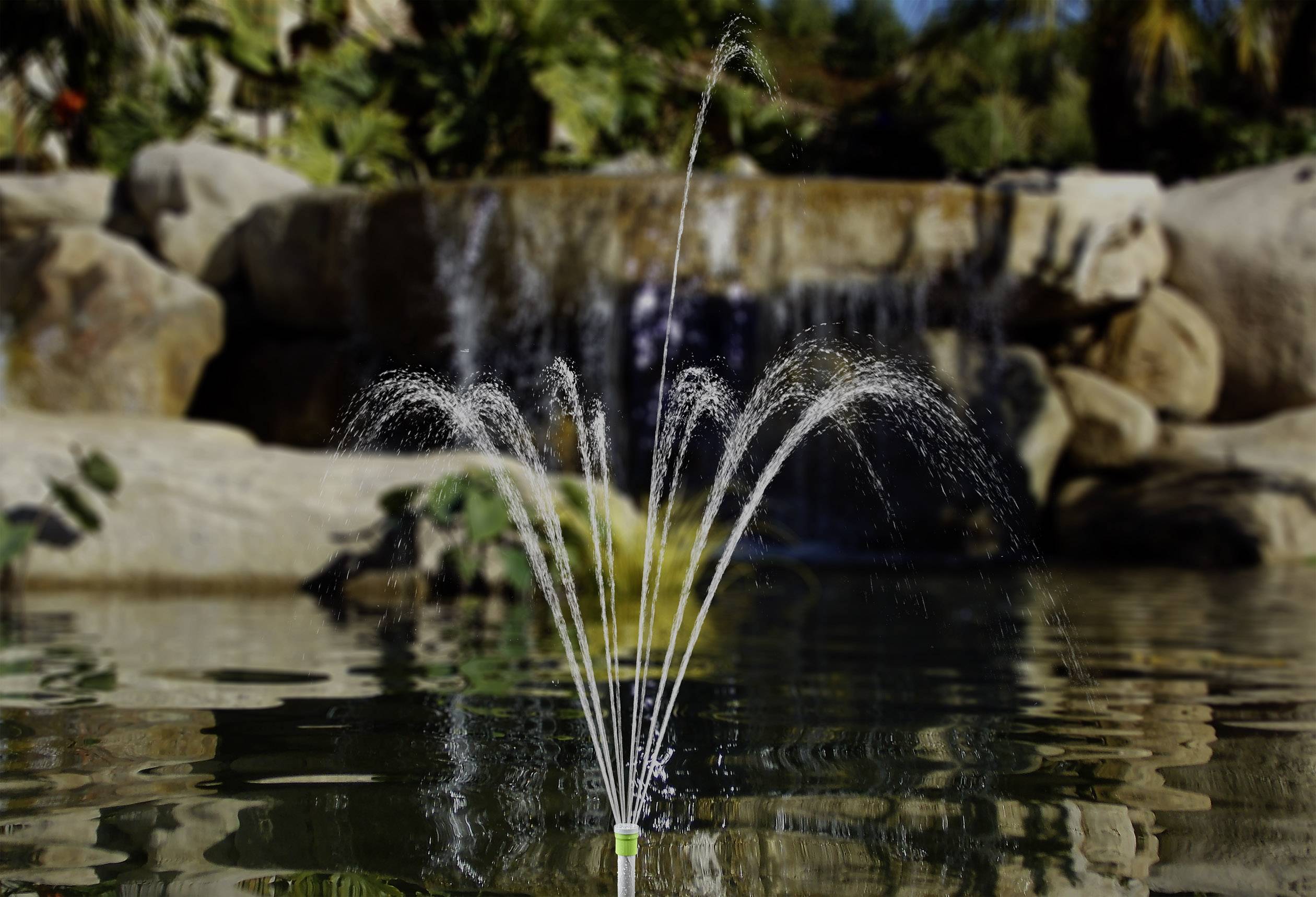 Fontaine dans un étang avec une cascade en arrière-plan, entourée de rochers et de palmiers.