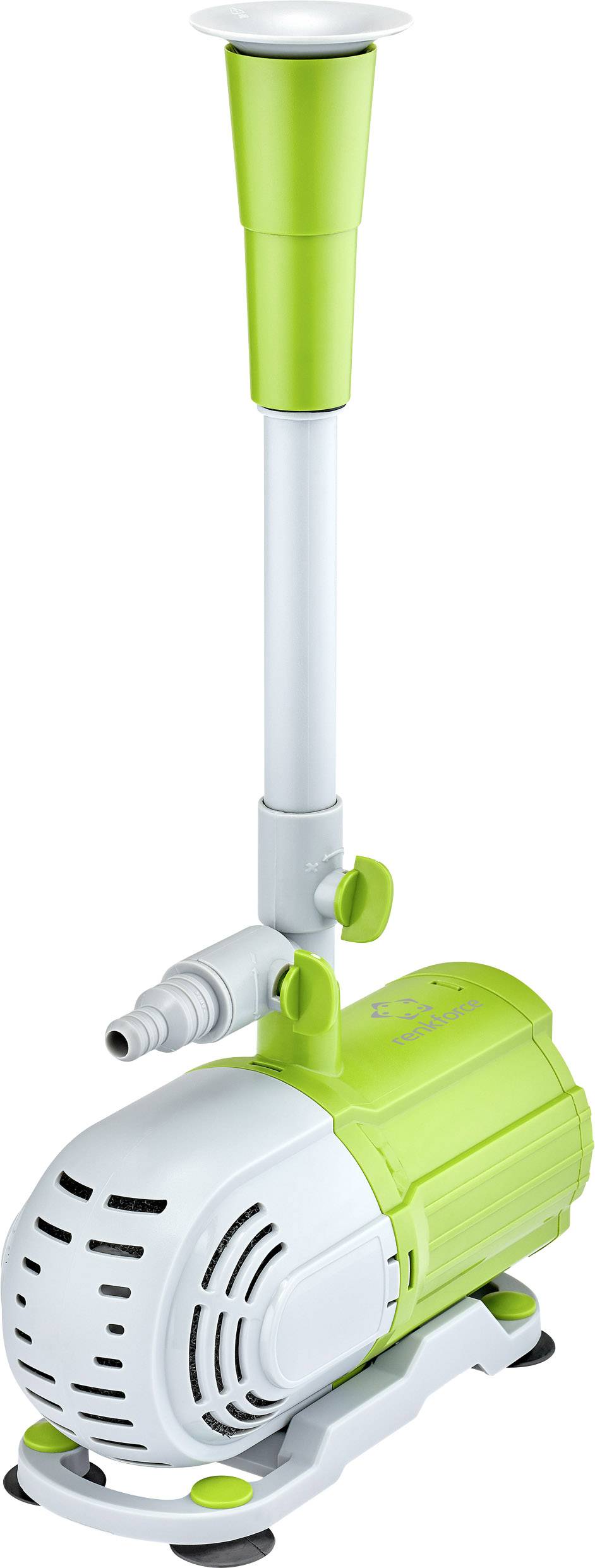 Une pompe de bassin verte et blanche avec un long tuyau de sortie, adaptée à la circulation de l'eau dans les bassins de jardin ou les aquariums.