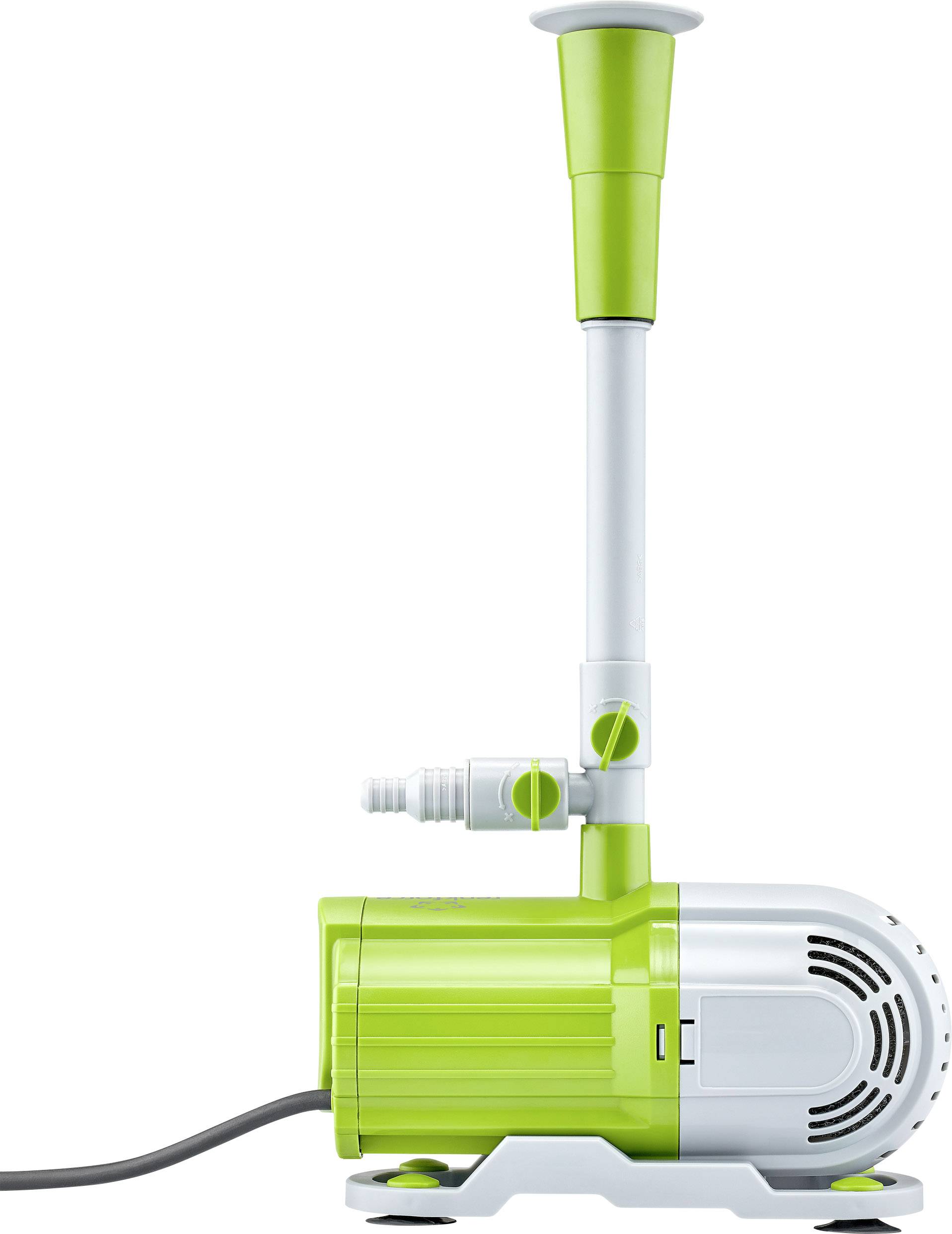 Pompe à eau verte et blanche avec long bec et câble. Adaptée aux aquariums ou petites fontaines.