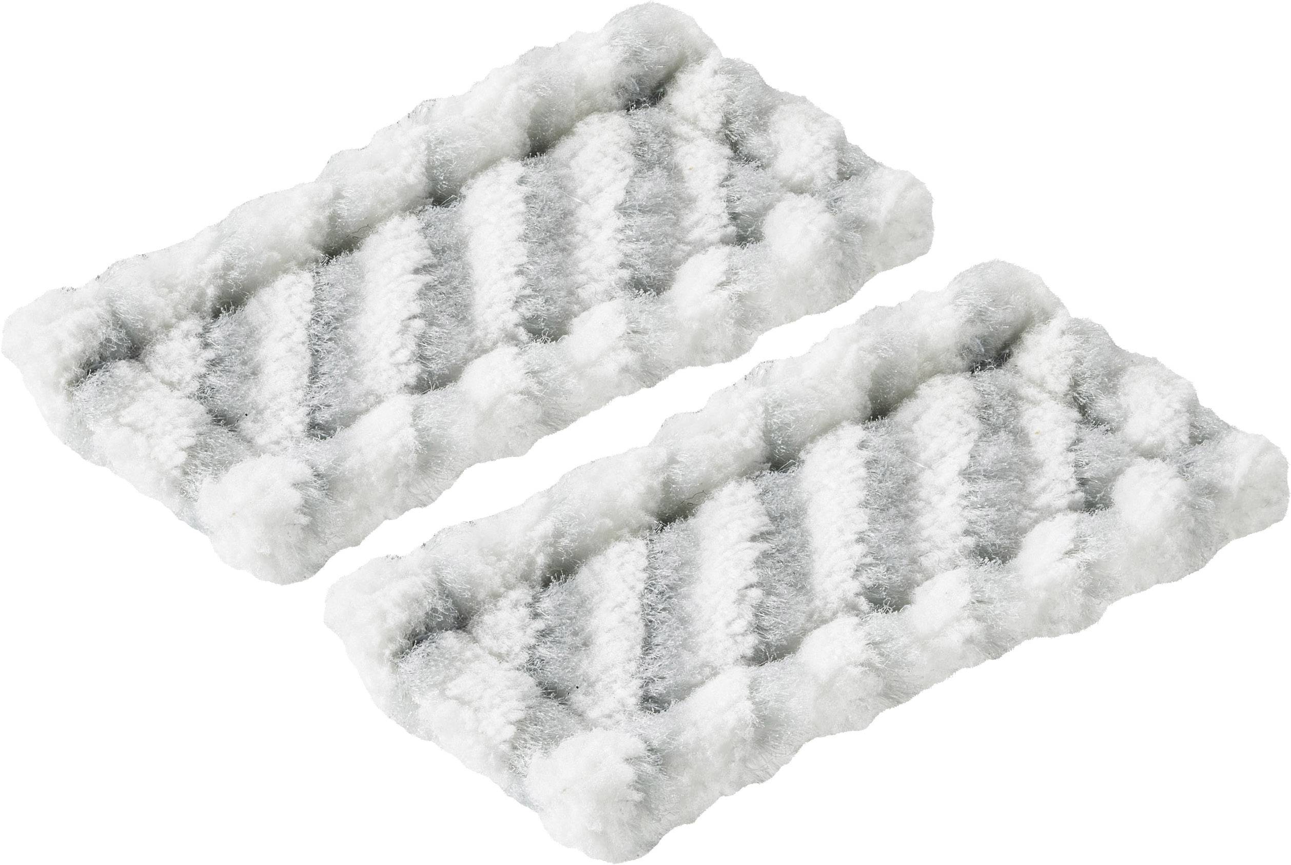 Deux chiffons à récurer en microfibre blanc et gris, à structure en relief, adaptés au nettoyage des sols.
