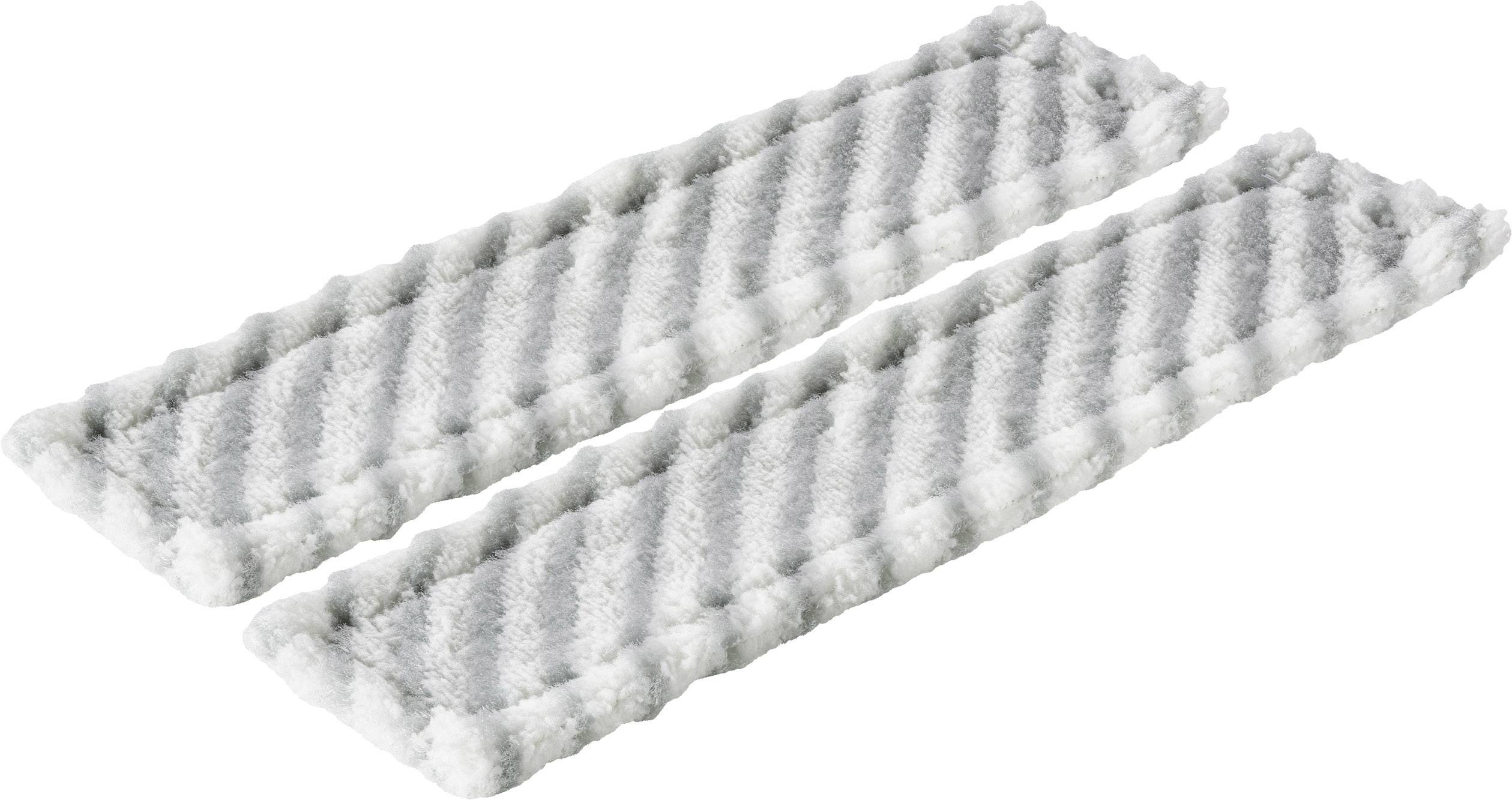 Deux patins de nettoyage en microfibre blancs et gris pour nettoyeur vapeur, de forme rectangulaire avec une surface texturée, sur un fond blanc.