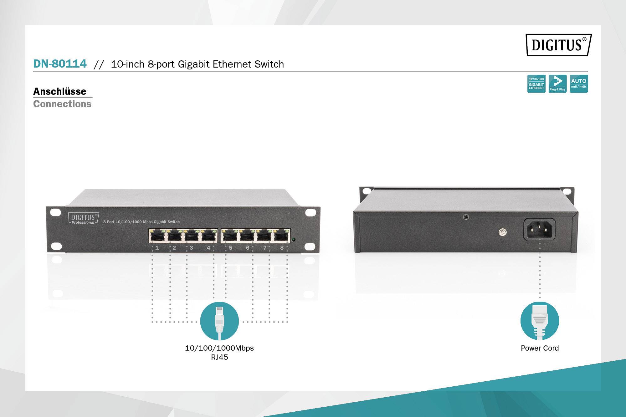 Un commutateur Ethernet Gigabit 10 pouces à 8 ports avec ports RJ45 10/100/1000 Mbps et alimentation secteur. Numéro de modèle : DN-80114.