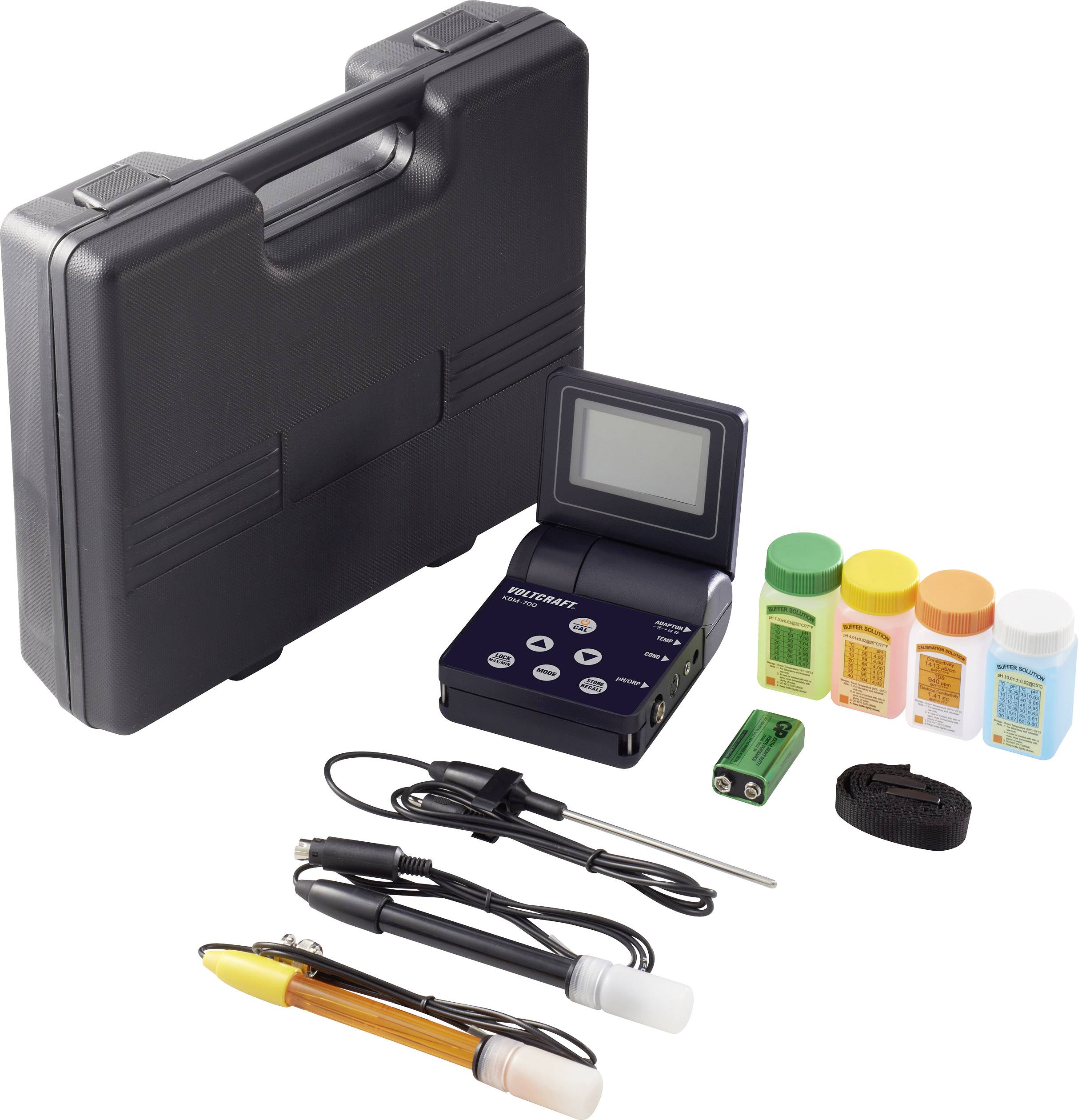 'Ensemble de test avec appareil numérique, cinq bouteilles de différentes tailles, indicateurs d'électrodes, câbles et étui.'