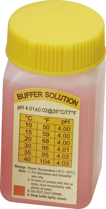 Solution tampon dans un flacon jaune avec un pH de 4,01 à 25 °C. Le tableau montre la température en °C et le pH correspondant. « Ne pas boire. »