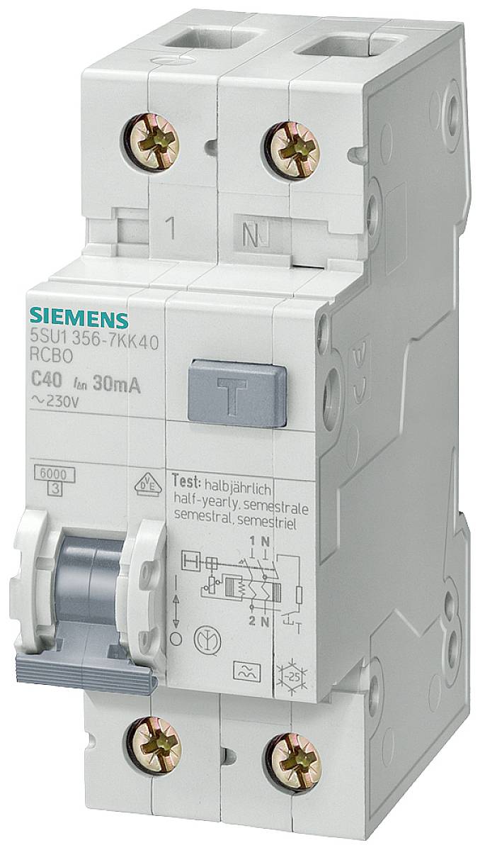 Disjoncteur différentiel Siemens FI, calibre C40, 30mA, 230V, avec fonction de test. Principalement utilisé dans les armoires électriques de distribution.