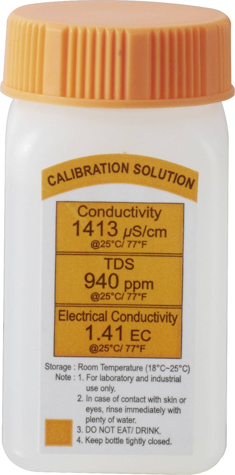 Bouteille avec étiquette de solution de calibrage. Conductivité : 1413 µS/cm, TDS : 940 ppm, conductivité électrique : 1,41 EC à 25°C/77°F.