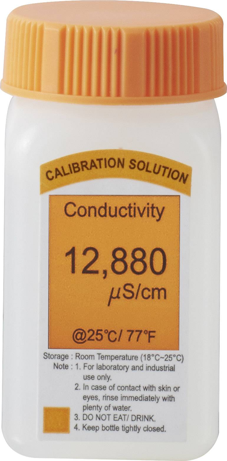 Solution de calibrage pour conductivité, 12.880 µS/cm à 25°C. Avertissements : Ne pas manger ni boire, éviter le contact avec la peau. Refermer hermétiquement le flacon.