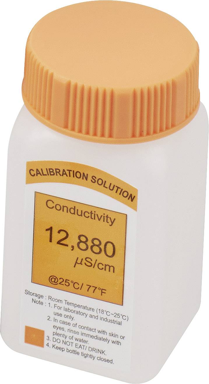 Solution de calibrage avec une conductivité de 12,880 µS/cm à 25°C. Bouteille avec couvercle orange et avertissements.
