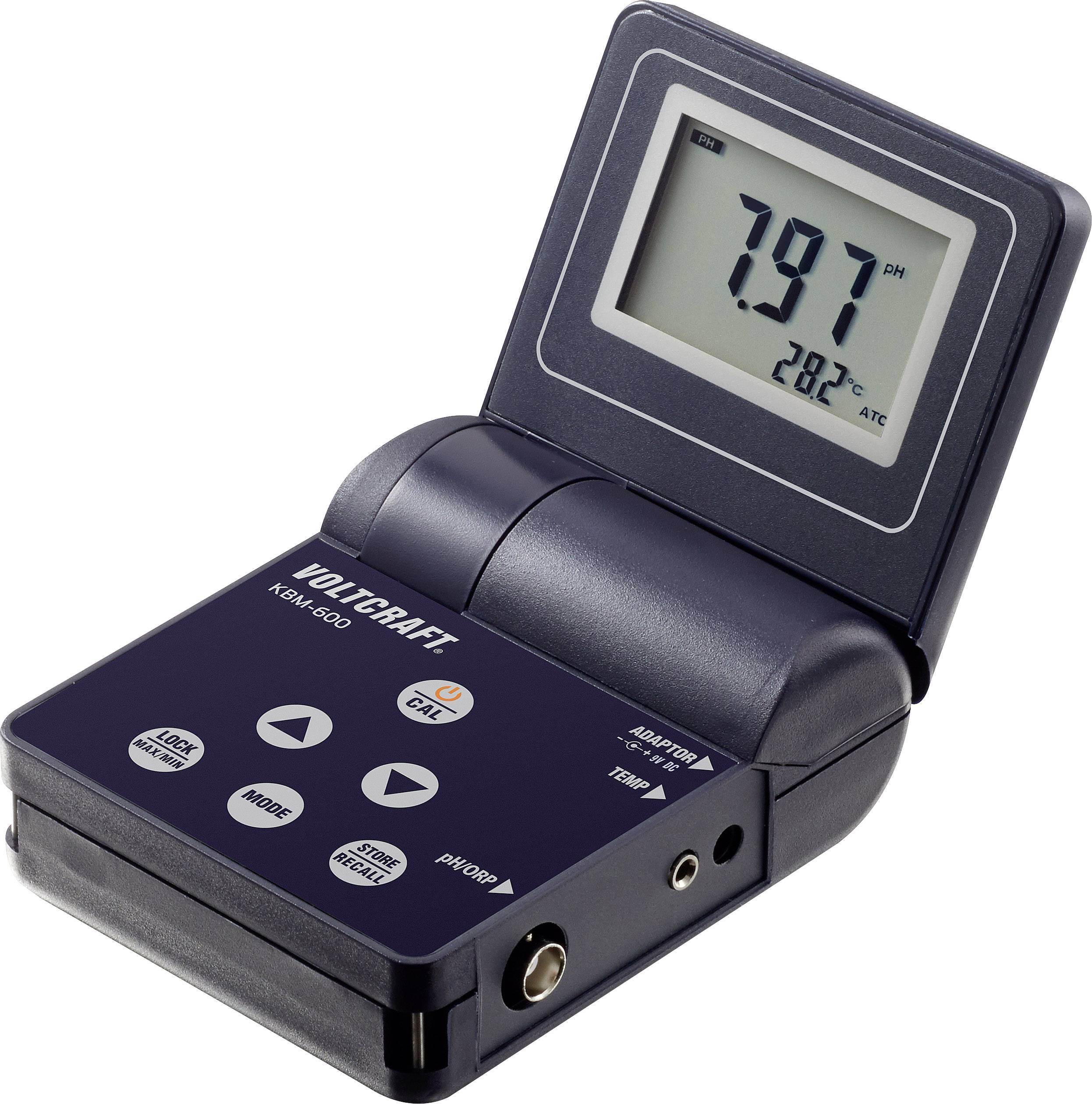 Appareil pH portable avec affichage numérique indiquant un pH de 7,97 et une température de 28,2°C. Boîtier bleu foncé avec touches de commande.