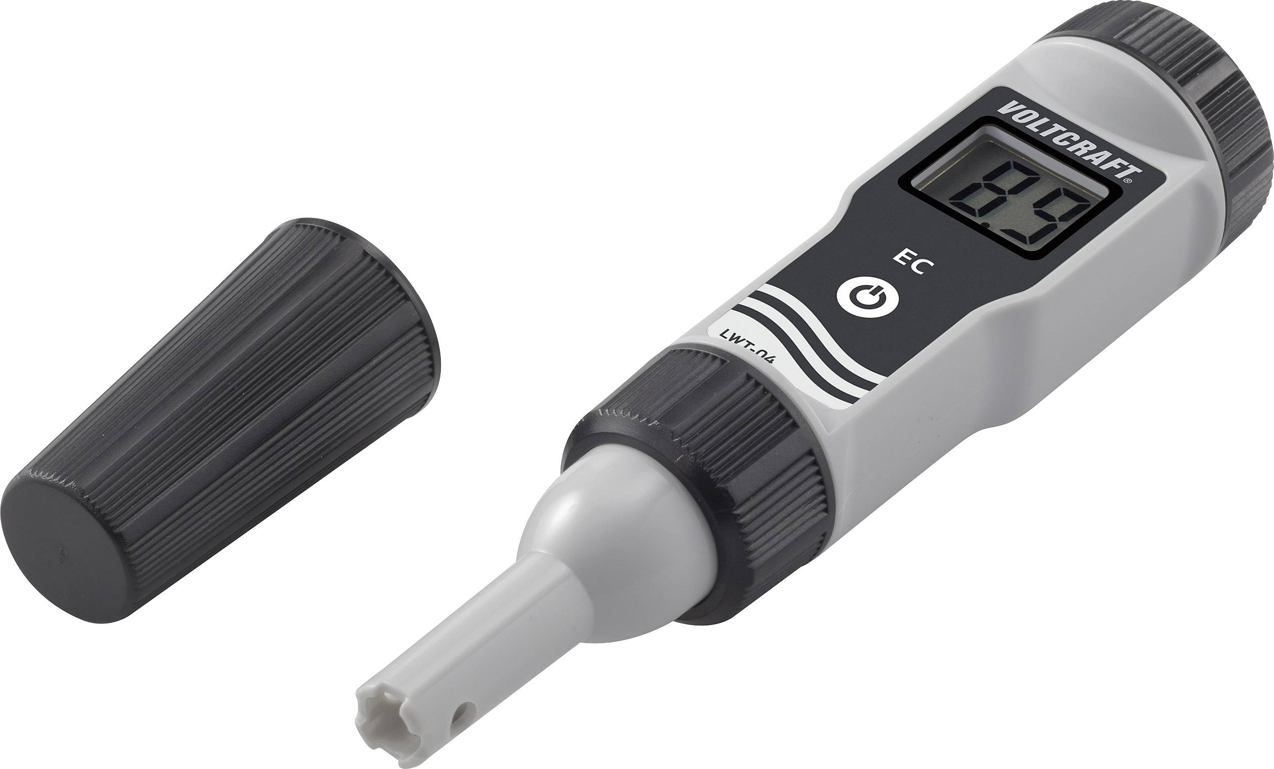 Un appareil de mesure EC numérique pour la conductivité électrique des liquides. L'écran affiche la valeur de mesure 6,39. Couvercle de protection amovible.
