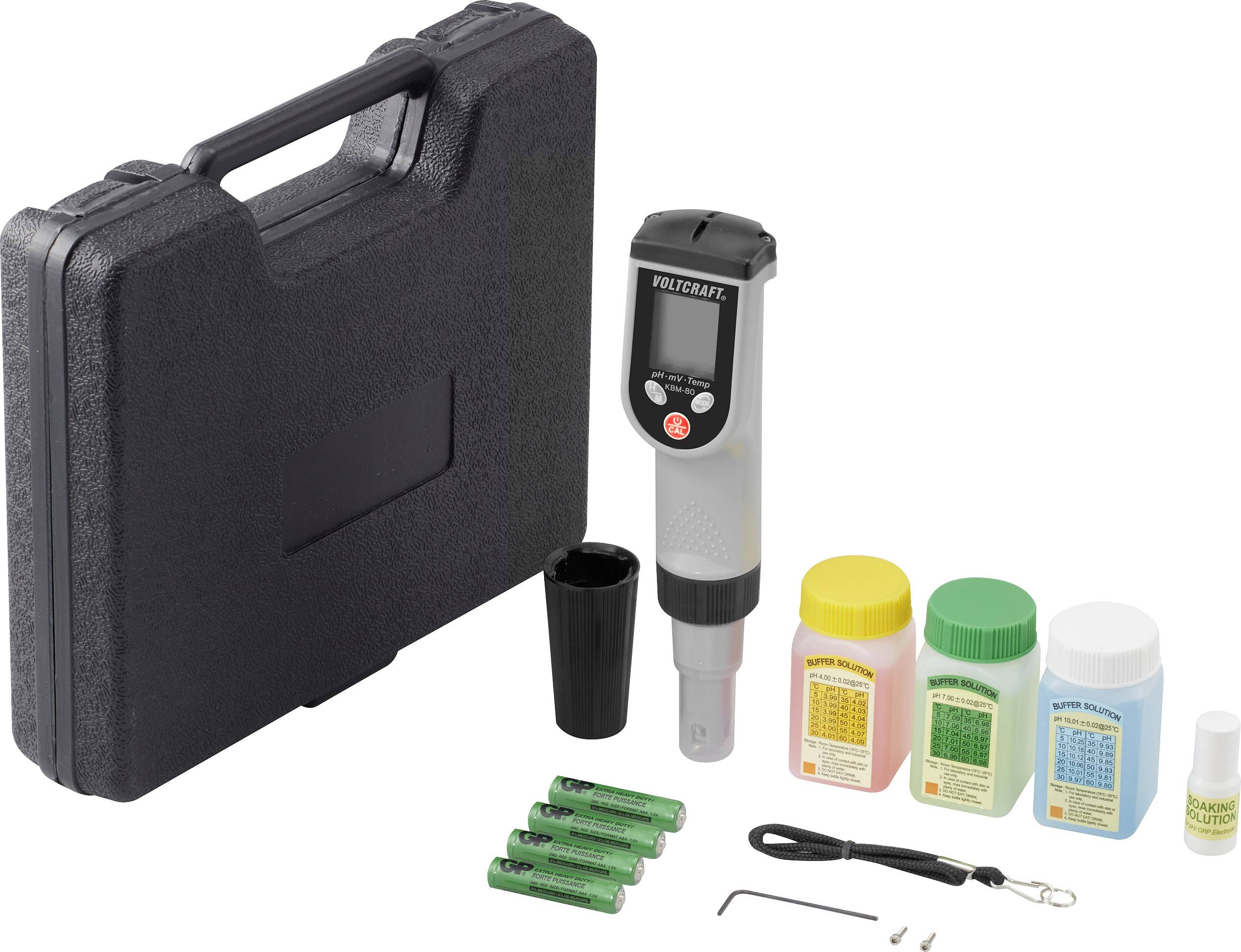Un kit de pH-mètre numérique avec mallette de transport, piles, solutions de calibrage, capuchon de mesure et accessoires, prêt à l'emploi.