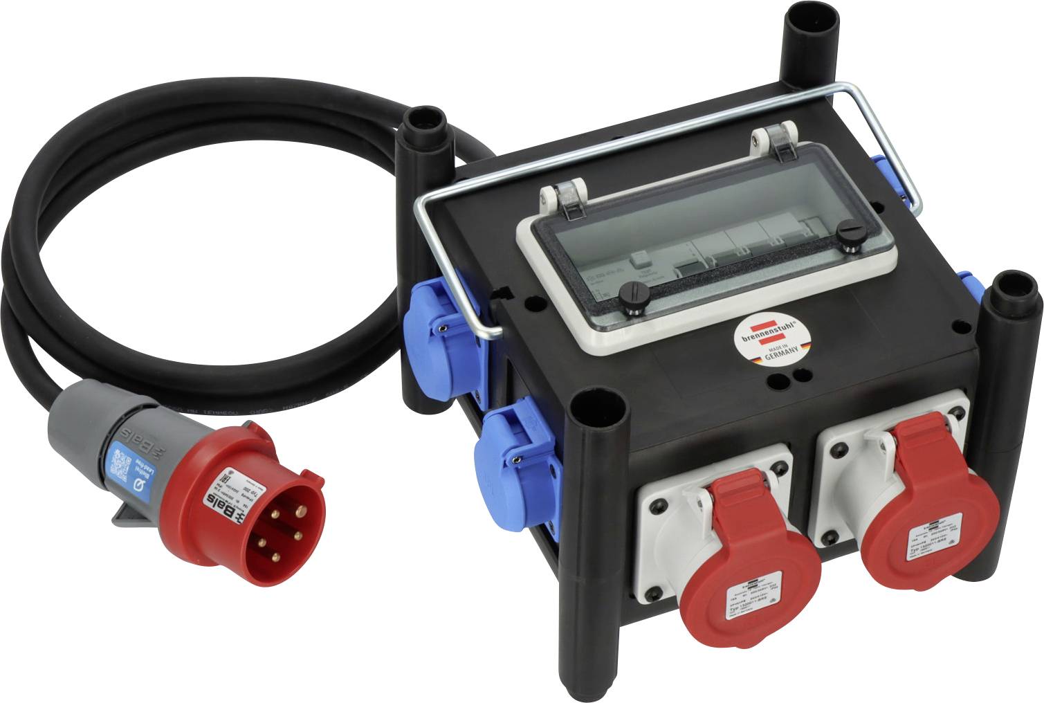 Boîtier de distribution électrique portable avec affichage et plusieurs prises de courant rouges connectées à un épais câble noir avec fiche.