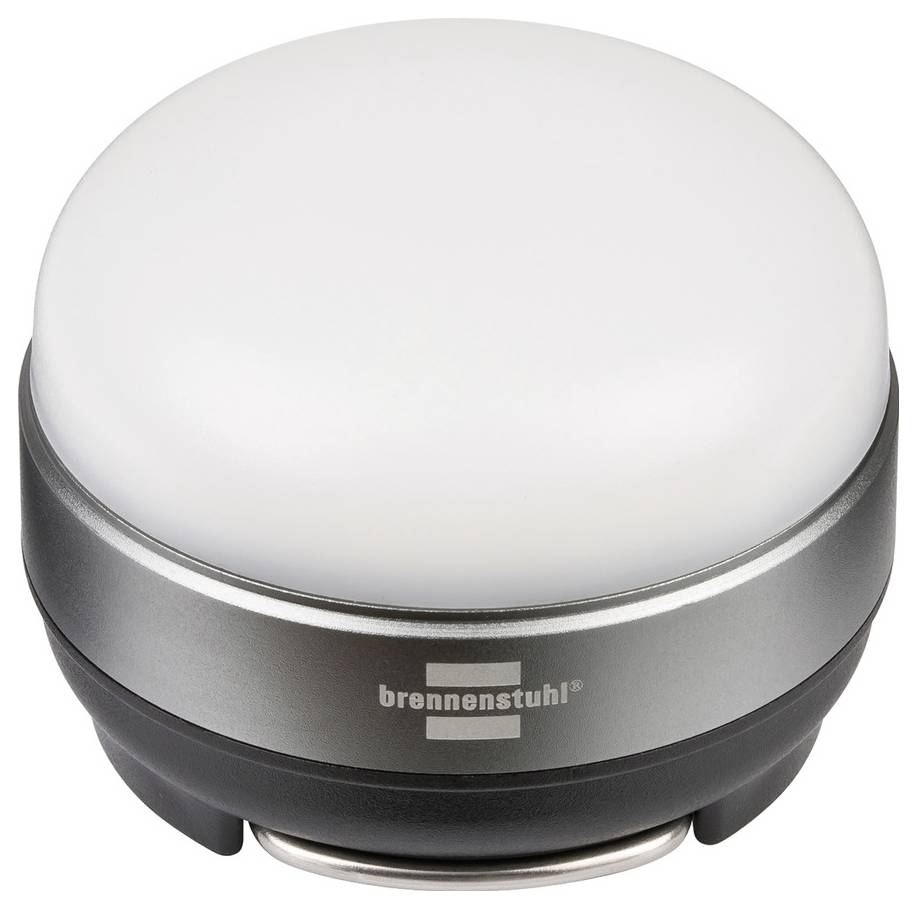 Lanterne LED portable avec un dôme blanc et une base argentée et noire, marque « brennenstuhl ».