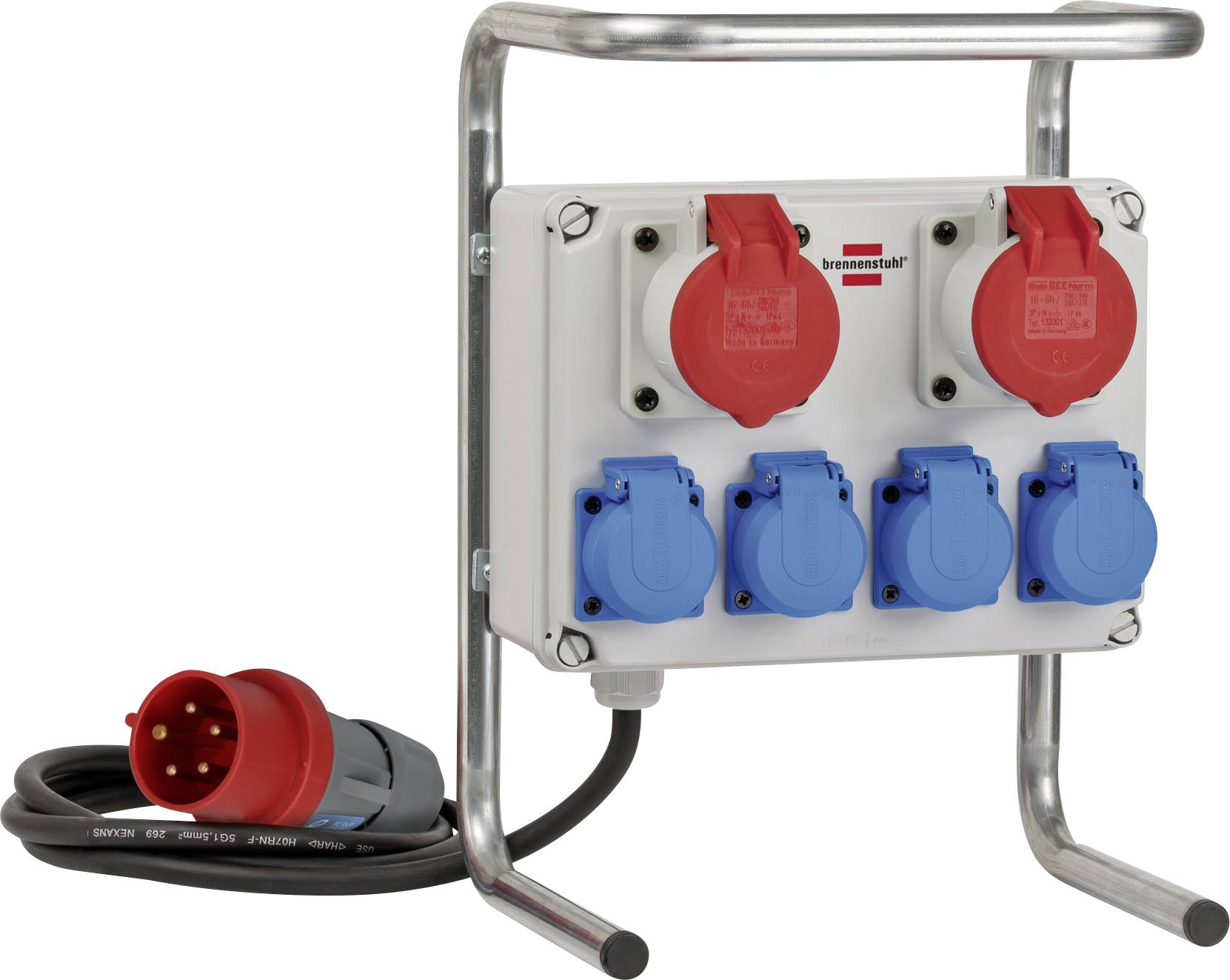 Boîte de distribution électrique portable avec deux couvercles de prise de courant rouges et quatre bleus, câble connecté et fiche, montée dans un cadre métallique.