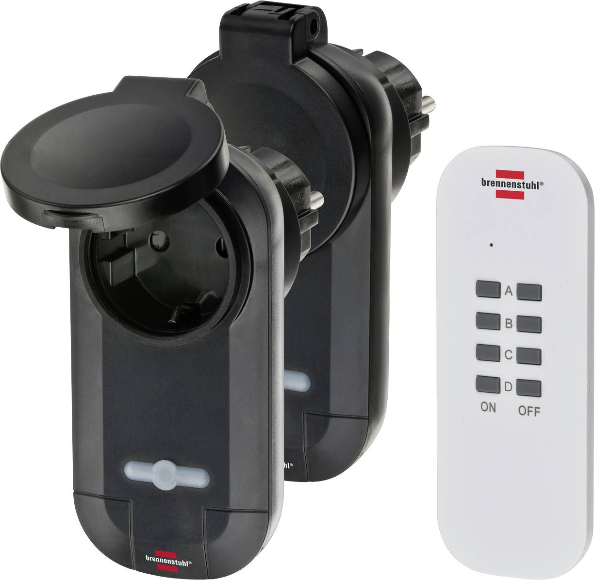 Adaptateur de prise de courant extérieure télécommandée sans fil avec un récepteur enfichable noir, couvercle de prise étanche ouvert, et télécommande blanche à 4 boutons étiquetés A, B, C, D, ON et OFF.